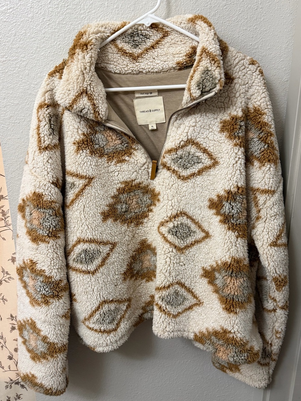 Thread & Supply Cream Sherpa Pullover Jacket with Tan & Gray XL